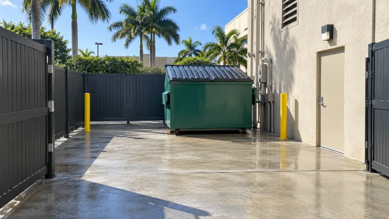 A dumpster enclosure pad washed down, gates open and the concrete running clean.