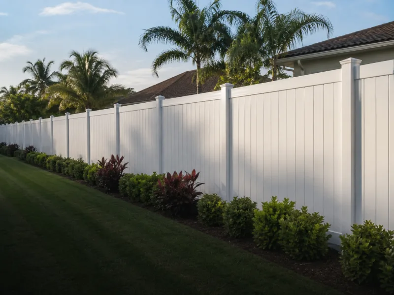 A white vinyl fence line washed clean along a lawn.