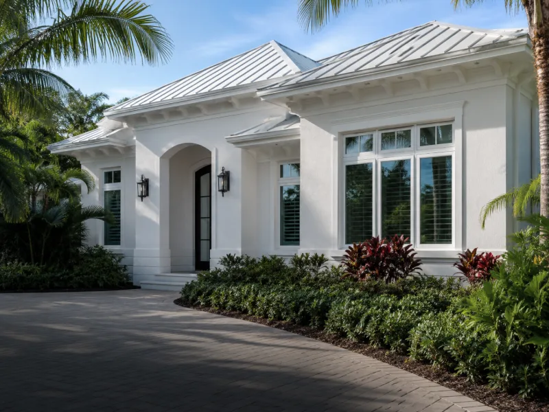 A white stucco house washed down to the soffits and entry columns.