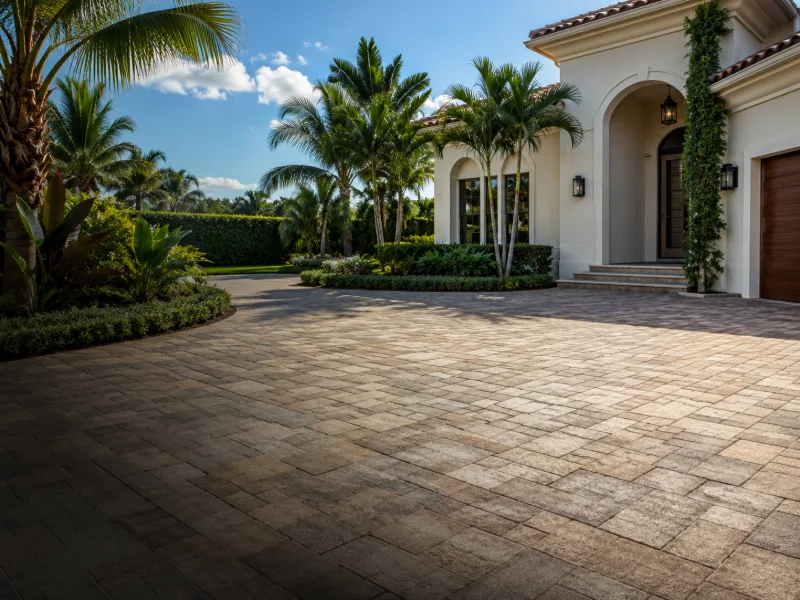A paver motor court cleaned and re-sanded in front of a tile roof home.
