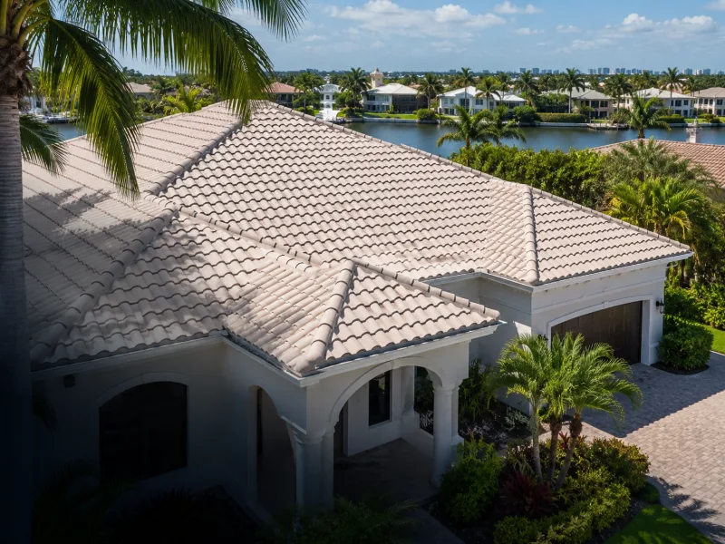 A barrel tile roof on a waterfront home, soft washed clean of algae streaks.