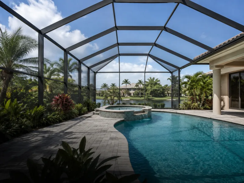A pool cage soft washed over the pool and spa, mesh and frame both clean.