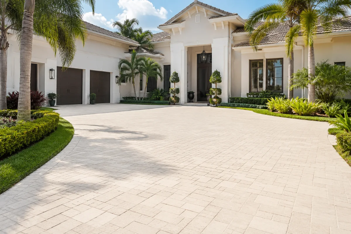 The same motor court after cleaning, one even light tone from the garage doors to the street.