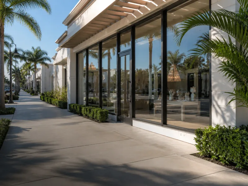 A glass storefront and its entry walkway after an overnight wash.