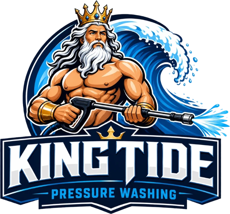 King Tide Pressure Washing: a crowned sea king holding a pressure washer wand in front of a breaking wave.